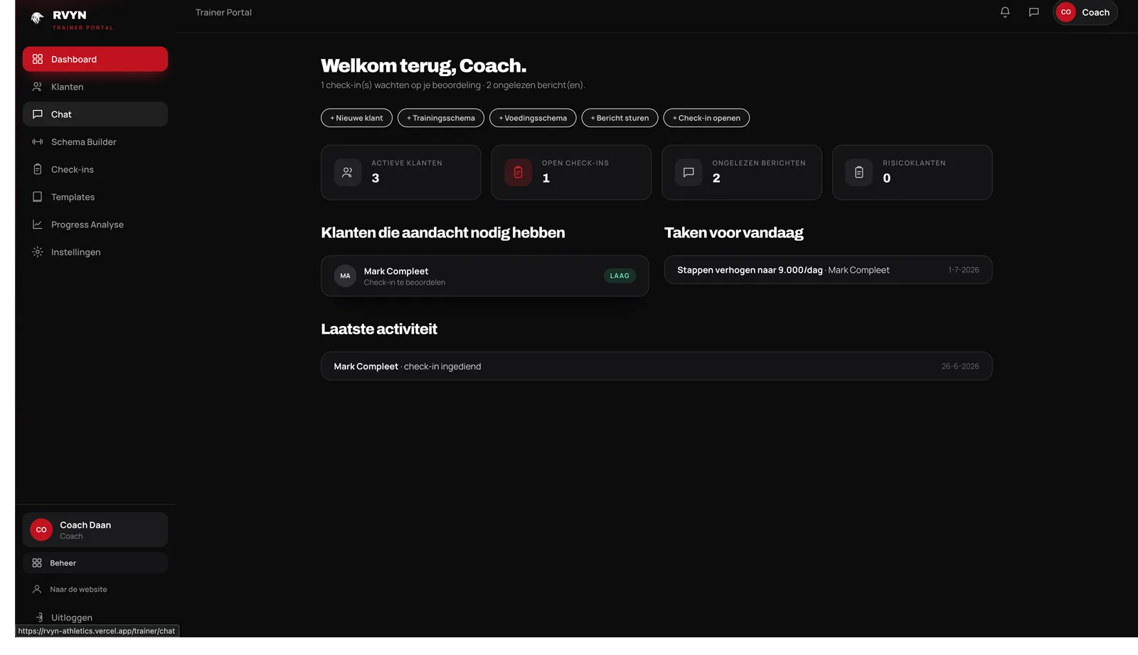 Het trainerportaal met check-ins en klantoverzicht
